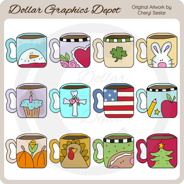 Seasonal Coffee Mugs - Clip Art