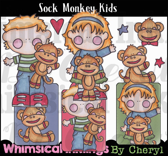 Sock Monkey Kids... Collezione grafica colorata a mano