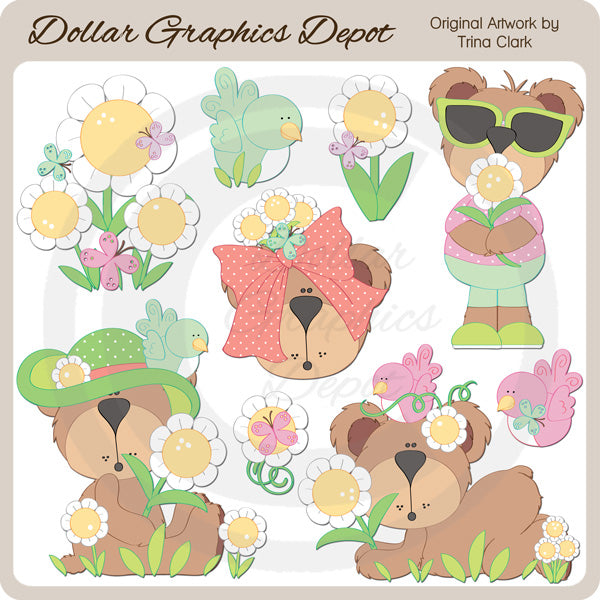 Spring Bears and Birds - Clip Art