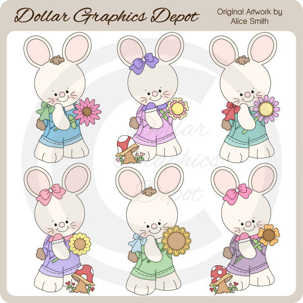 Coniglietti e fiori primaverili - Clip Art - *Esclusiva DCS*