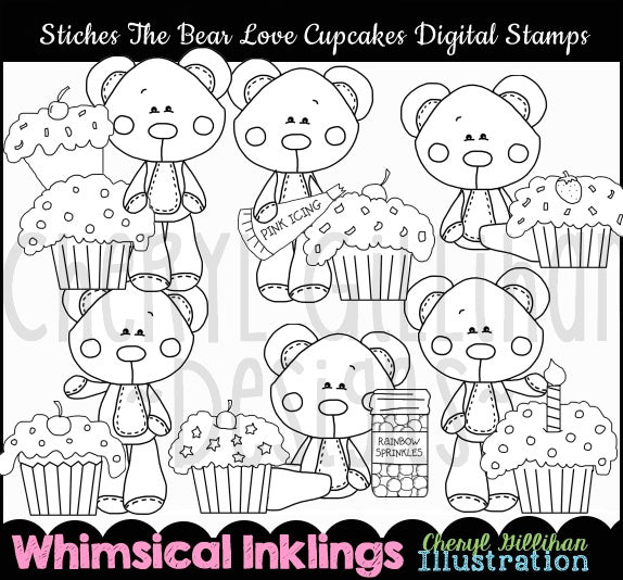 Stitches The Bear Loves Cupcake...Digital Stamps
