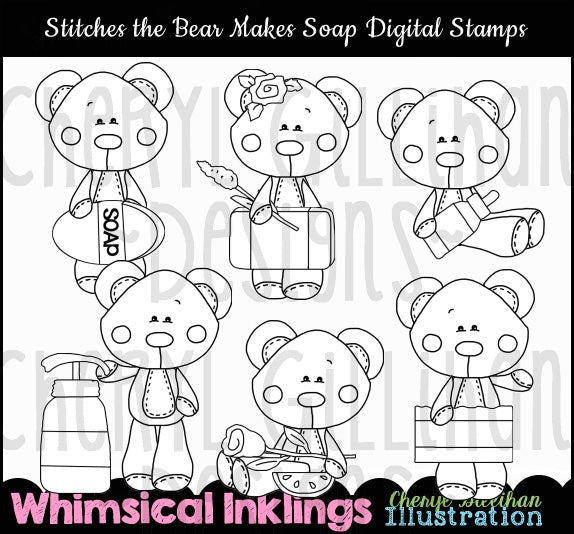 Stitches The Bear Makes Soap...Digital Stamps