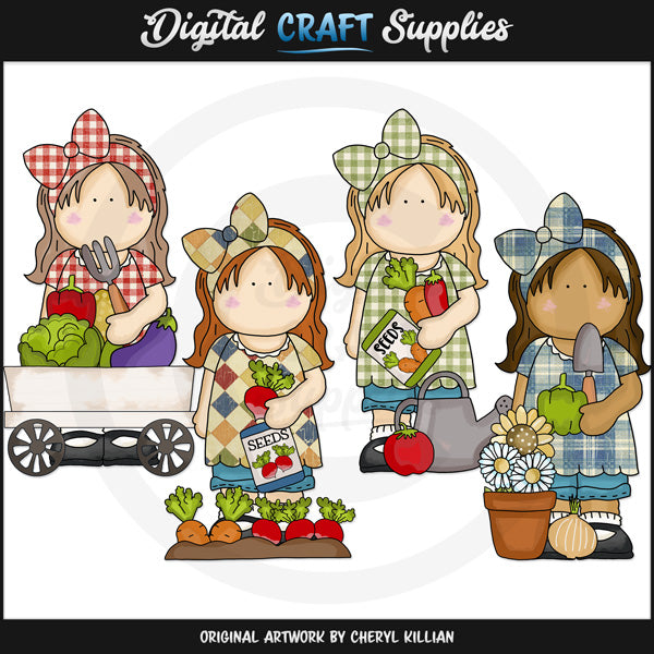 Sweet Country Girls In The Garden - Clip Art