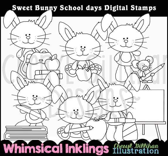 Sweet Bunny School Days..Digital Stamps