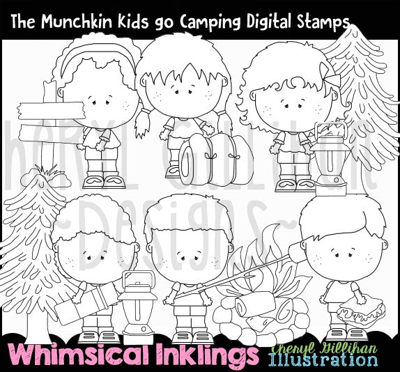 Los niños Munchkin van de camping_Sellos digitales