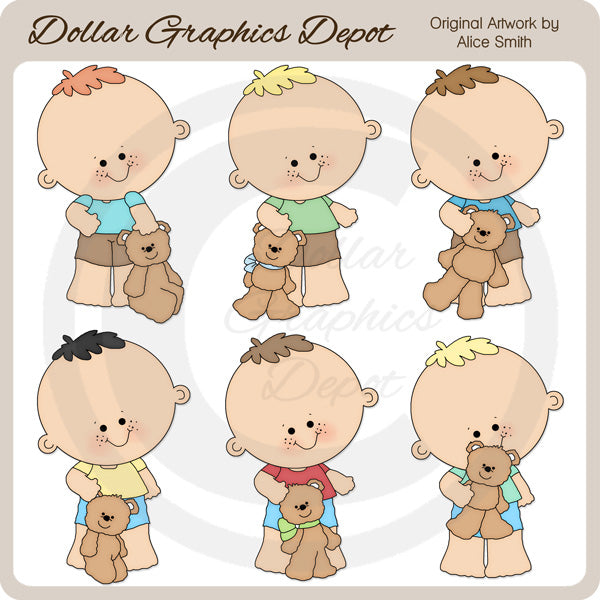 Toddler Boys and Teddy Bears - Clip Art