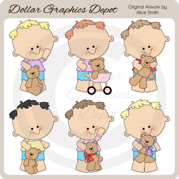 Toddler Girls and Teddy Bears - Clip Art