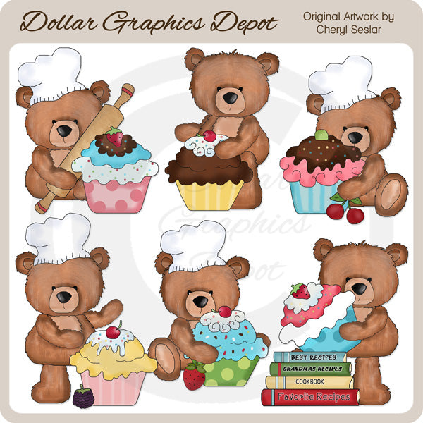Wimbly The Bear Bakes Cupcakes - Clip Art