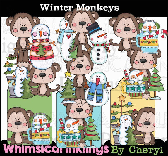 Winter Monkeys...Hand Colored Graphics Set